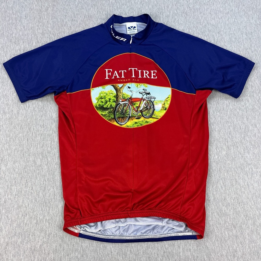 Vintage Voler Fat Tire Ale Cycling Jersey Men M Red Blue 3/4 Zip New Belgium USA